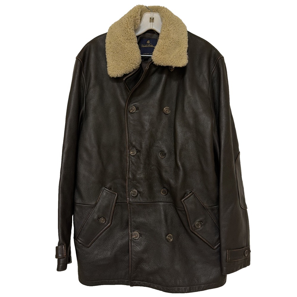Brooks Brothers Leather Coat Mens M Brown Removable Shearling Collar Car Jacket